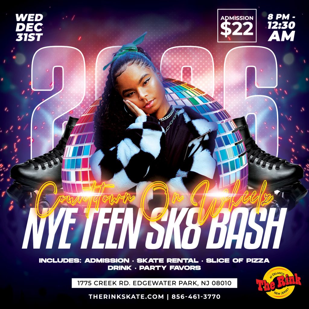 #RollerSkating #ThingsToDoWithKidsNearMe #NYETeenSkate #NewYearsEveNJ #TeenSkateNight #SouthJerseyEvents #EdgewaterParkNJ #SkateIntoTheNewYear #TeenEventsNJ